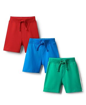 Babyhug Cotton Single Jersey Knit Shorts with Tractor Print Pack of 3 - Green Red & Blue