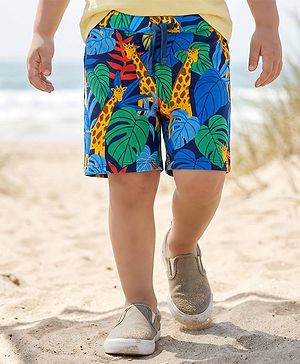 Babyhug Cotton Single Jersey Knit Shorts with Vehicle & Dino Print - Navy Blue