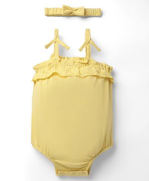 Babyhug 100% Cotton Knit Sleeveless Solid Color Onesie and Hairband with Frill Detailing - Yellow