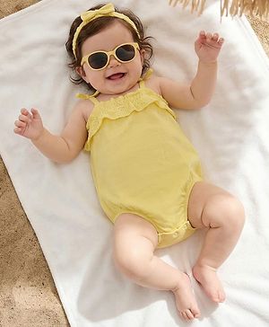 Babyhug 100% Cotton Knit Sleeveless Solid Color Onesie and Hairband with Frill Detailing - Yellow