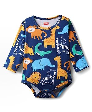 Babyhug 100% Cotton Interlock Knit Full Sleeves Onesie with Animal Print - Navy Blue