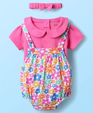 Babyhug 100% Cotton Interlock Knit Half Sleeves Dungaree Style Onesie with Headband & Floral Print - Pink