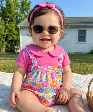 Babyhug 100% Cotton Interlock Knit
                              Half Sleeves Dungaree Style Onesie with
                              Headband & Floral Print - Pink