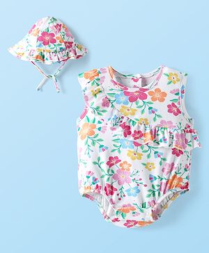 Babyhug 100% Cotton Knit Sleeveless Onesie with Cap & Floral Print - White & Pink