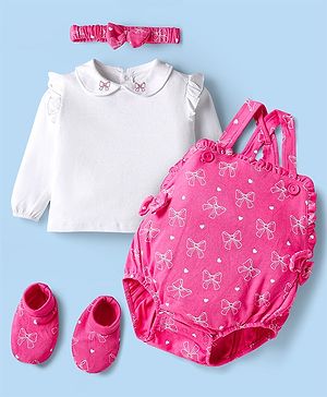 Babyhug 100% Cotton Knit Bow Print & Applique Onesie with Full Sleeves T-Shirt Headband & Booties - Dark Pink