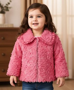 Babyhug Woven Full Sleeves Collar Neck Winter Fur Jacket With Floral Design - Pink