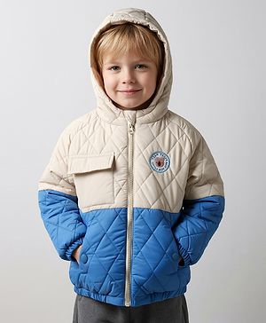 Bonfino Woven Full Raglan Sleeves  Quilted Padded Jacket with Hood & Patch Detailing - Blue & Cream