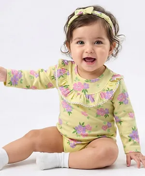 Babyhug 100% Cotton Knit Full Sleeves
                              Onesie With Floral Print & Headband -
                              Yellow
