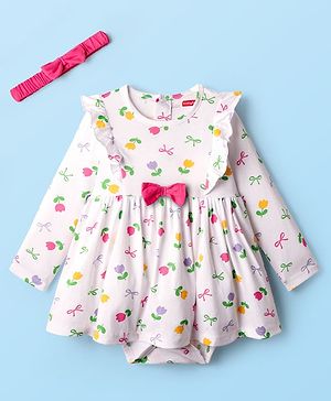 Babyhug 100% Cotton Single Jersey Knit Full Sleeves Frock Style Onesie with Headband Frill Detailing Bow Applique & Floral Print - White