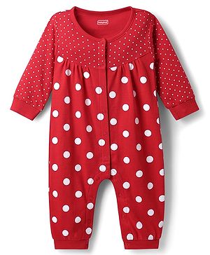 Babyhug 100% Cotton Knit Full Sleeves Front Open Romper with Polka Dots Print - Red