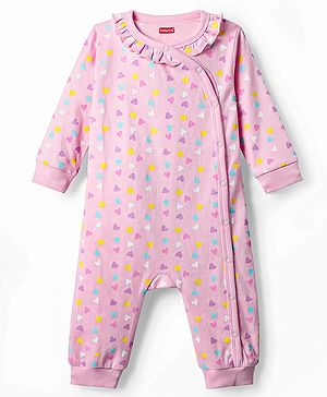 Babyhug 100% Cotton Interlock Knit Full Sleeves Romper with Heart Print - Light Pink