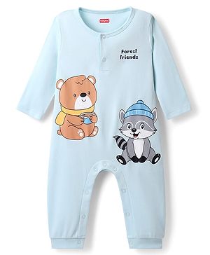 Babyhug 100% Cotton Interlock Knit Full Sleeves Romper with Animal Print - Light Blue
