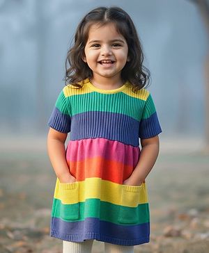 Babyhug Sweater Knit Half Sleeves Striped Woolen Dress - Multicolour