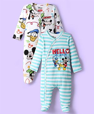Babyhug Disney 100% Cotton Full Sleeves Footed Sleep Suits With Mickey Mouse Graphics Pack Of 2- Multi Colour