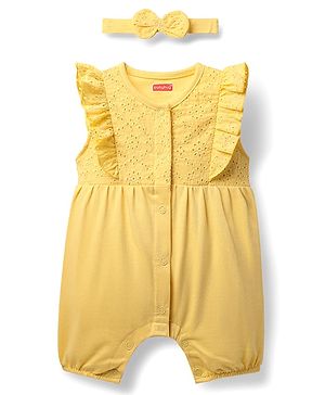 Babyhug 100% Cotton Single Jersey Knit Frill Sleeves Schiffli Romper with Bow Headband - Yellow