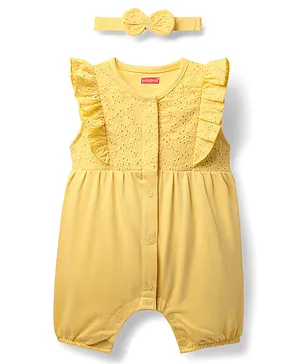 Babyhug 100% Cotton Single Jersey
                              Knit Frill Sleeves Schiffli Romper with
                              Bow Headband - Yellow