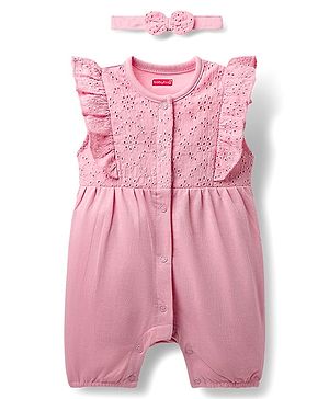 Babyhug 100% Cotton Single Jersey Knit Embroidered Romper With Headband - Pink