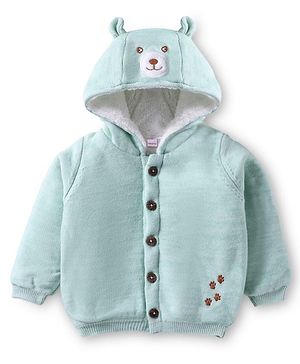 Babyhug Knit Full Sleeves Front Open Hooded Sweater With Bear Face & Ear Applique - Mint