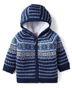 Babyhug Knit Full Sleeves Fur Lined Hooded Front Open Sweater with Aztec Design - Navy Blue
