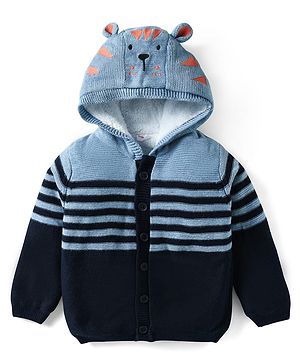 Babyhug Knit Full Sleeves Striped Hooded Front Open Sweater with Ear Applique - Light Blue