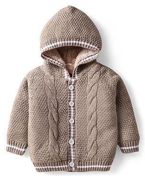 Babyhug Knitted Full Sleeves Fur Lined Hooded Front Open Sweater With Cable Knit Design - Beige