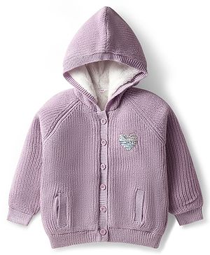 Babyhug Knit Full Raglan Sleeves Hooded Front Open Sweater with Sequin Detailing - Lavender