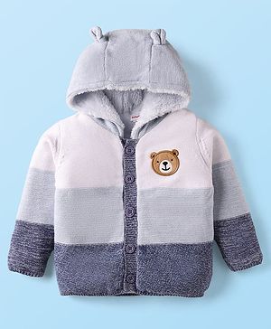 Babyhug Knit Full Sleeves Fur Lined Hooded Front Open Sweater with Color Blocks & Bear Patch - Blue