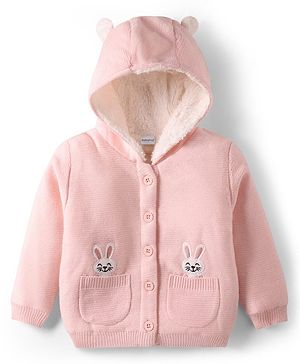 Babyhug Knitted Full Sleeves Front Open Hooded Sweater With Bunny Embroidery - Pink