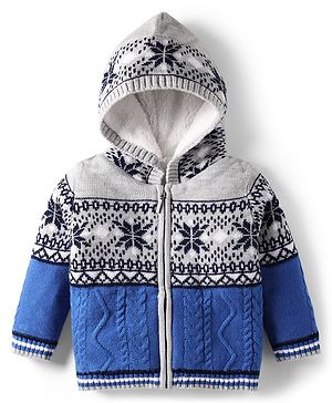 Babyhug Knitted Full Sleeves Front Open Hooded Sweater With Cable Knit Design - Blue