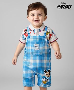 Babyhug Disney Single Jersey Knit Half Sleeve Polo T-Shirts & Dungaree Set with Mickey Mouse Graphic and Badge Detailing - White & Light Blue