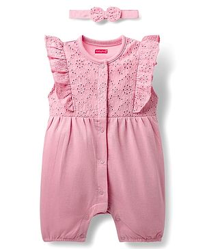 Babyhug 100% Cotton Knit Frill Sleeves Front Open Romper with Hairband & Schiffli Detailing - Pink