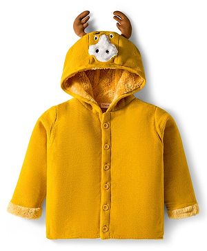 Babyhug Knit Full Sleeves Front Open Hooded Sweater with Reindeer Applique - Yellow