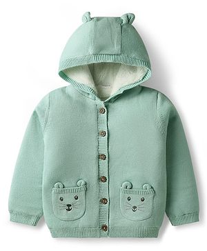 Babyhug Knit Full Sleeves Hooded Front Open Sweater with Ear Applique - Sea Green