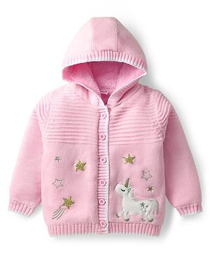 Babyhug Knit Full Sleeves Front Open Hooded Sweater With Unicorn Embriodery - Pink
