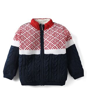 Babyhug Knit Full Sleeves Front Open Sweater with Cable Knit Design - Navy Blue & Red