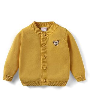 Babyhug Cotton Knit Full Sleeves Front Open Sweater With Bear Embriodery - Yellow