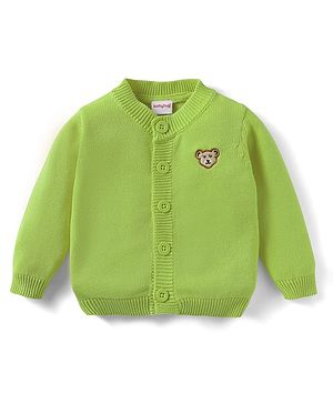 Babyhug Cotton Knit Full Sleeves Front Open Sweater With Bear Embriodery - Light Green
