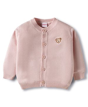 Babyhug Cotton Knit Full Sleeves Front Open Sweater with Lion Patch Design - Pink