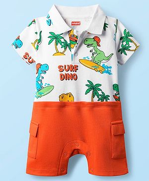 Babyhug 100% Cotton Interlock Knit Romper With Dino Print - Red