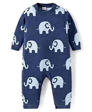 Babyhug Cotton Knit Full Sleeves Winter Wear Romper with Elephant Print - Navy Blue