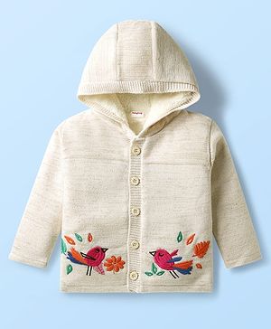 Babyhug Knit Full Sleeves Front Open Hooded Sweater with Bird Embroidery - Cream