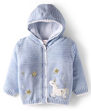 Babyhug Knit Full Sleeves Hooded Front Open Sweater With Unicorn Embroidery & Star Sequin - Light Blue