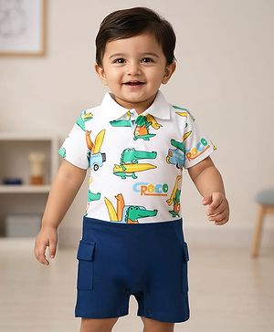 Babyhug 100% Cotton Interlock Knit Half Sleeves Romper with Dino Print - Navy Blue & White