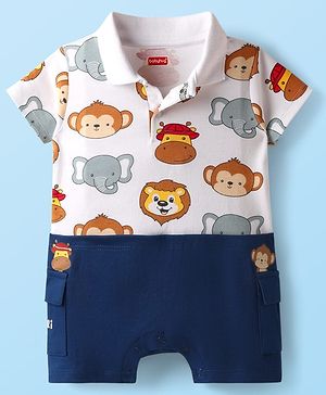 Babyhug 100% Cotton Knit Half Sleeves Romper with with Animal Print - White & Navy Blue