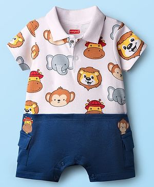 Babyhug Interlock Knit Half Sleeves Romper with Animal Print - Navy Blue & White