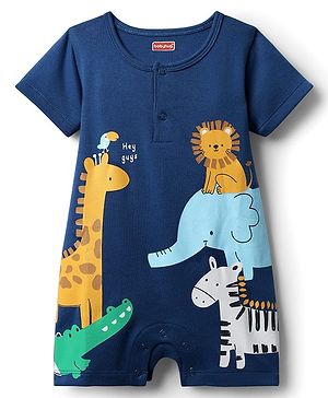 Babyhug 100% Cotton Interlock Knit Half Sleeves Romper with Animal Print - Navy Blue