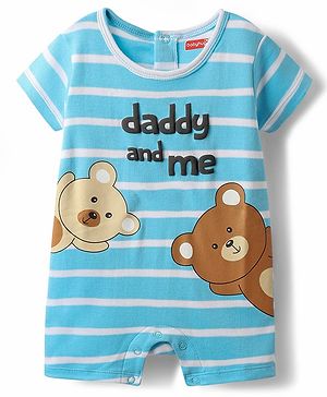 Babyhug 100% Cotton Knit Half Sleeves Striped Romper with Bear Print - Light Blue