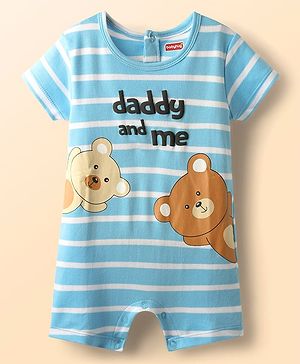 Babyhug 100% Cotton Knit Half Sleeves Striped Romper with Bear Print - Light Blue