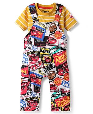 Babyhug Disney Single Jersey Knit Half Sleeve Tee & Dungaree Set with Stripe Design & Disney Pixar Cars Print - Multicolor