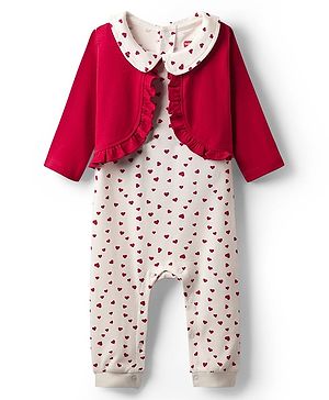 Babyhug 100% Cotton Cotton Knit Full Sleeves Romper with Attached Shrug & Heart Print - Red